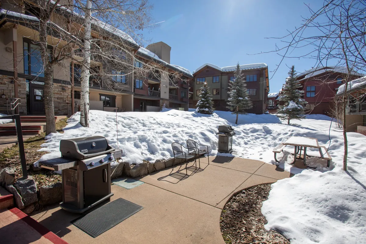 This image captures an outdoor area featuring a grill, picnic table, snow-covered ground, a concrete pathway, and surrounding trees. It shows both the natural setting and communal amenities perfect for socializing and enjoying the outdoors in any season.
