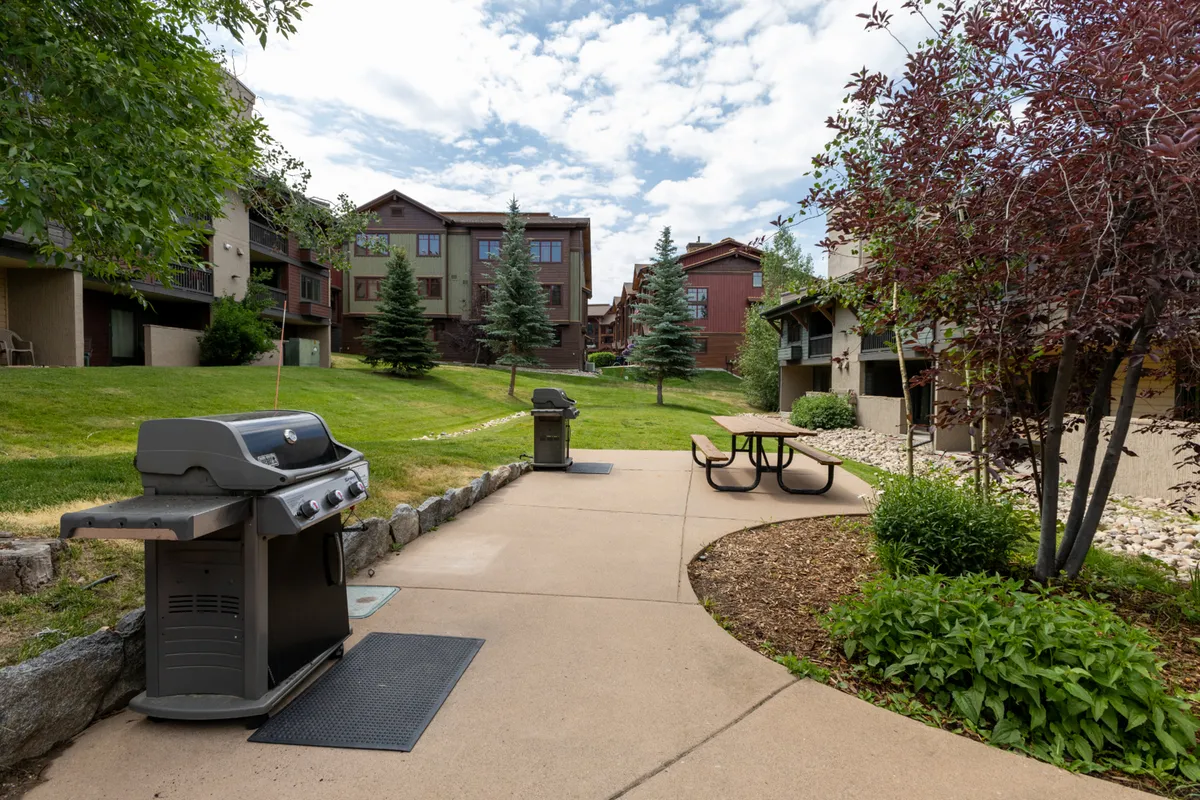 An outdoor area featuring a grill, picnic table, landscaped greenery, and surrounding trees—perfect for social gatherings and outdoor dining. The mood is casual and friendly, inviting group activities in the fresh mountain air.